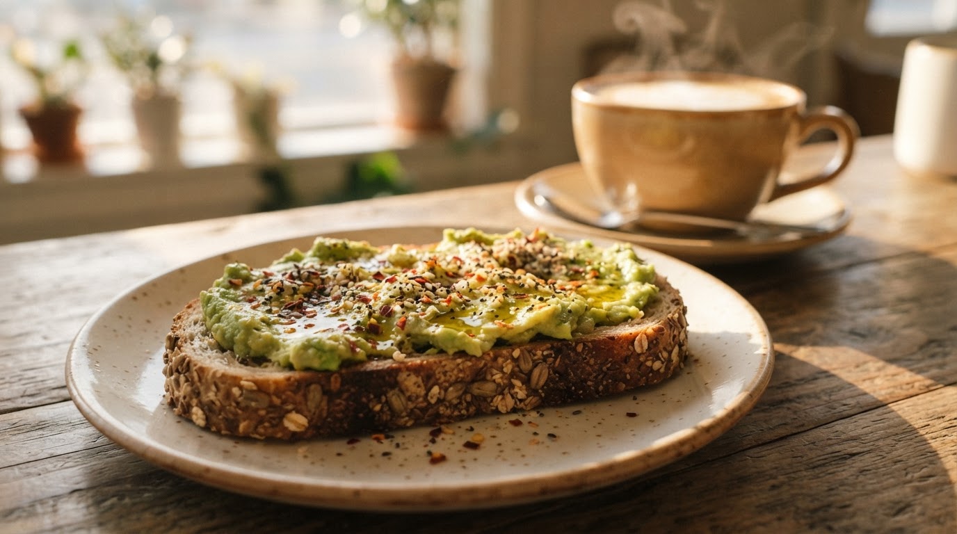 Avocado toast on multigrain bread with a steaming cappuccino